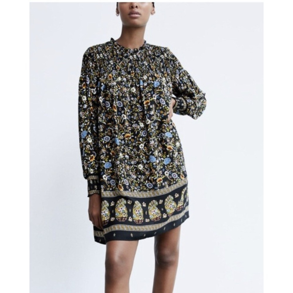 Zara Smocked Long Sleeve Floral Print Dress M Black Multicolor Swing Fall
